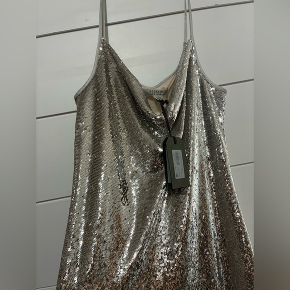 All Saints Hadley Silver Sequined Cowl Neck Sleeveless Slip Dress Size 6 - Picture 11 of 11
